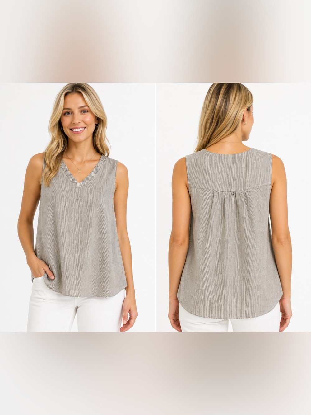 Renee C. Sleeveless Linen Blend Grey Cream V-Neck Tank New With Tags